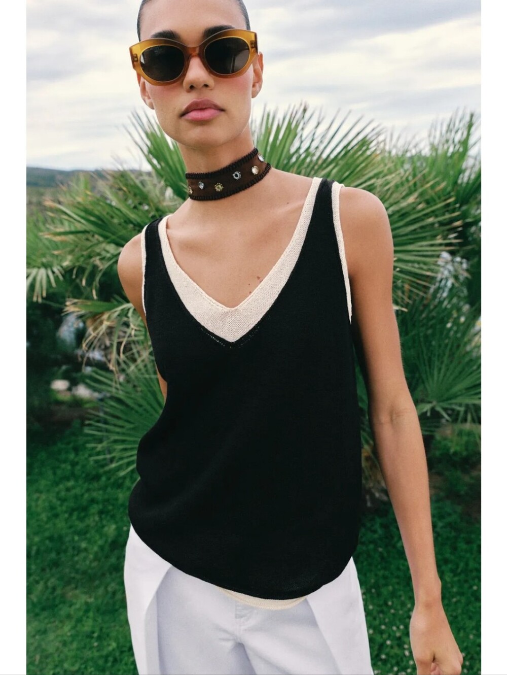Zara Black Ivory Double V-Neck Layered Knit Tank Top M